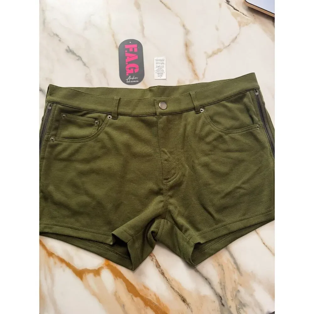 NEW Andrew Christian mens F.A.G. Capsule Zipper Shorts Color Olive Green Size 34